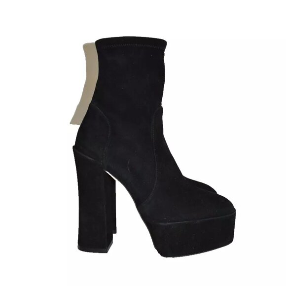 $900 STUART WEITZMAN Skyhigh Stretch Suede Platform Booties BLACK 6.5 (2) (PB28) - Picture 2 of 7